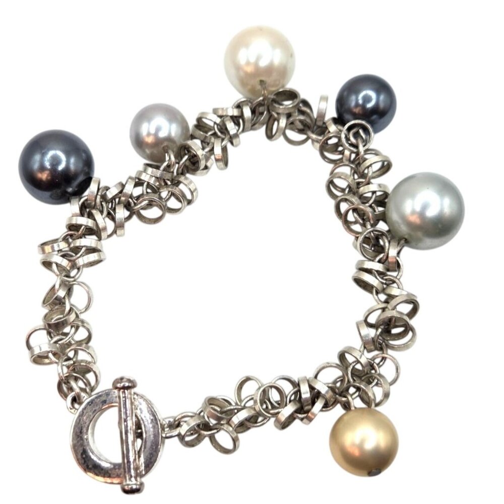 Silver-Tone Chain Bracelet With Multi-Color Faux Pearl Charms & Toggle Clasp